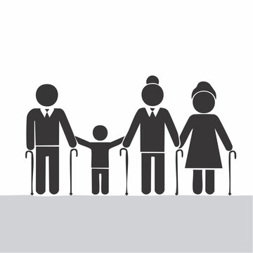 A family of four generations stands together with canes.