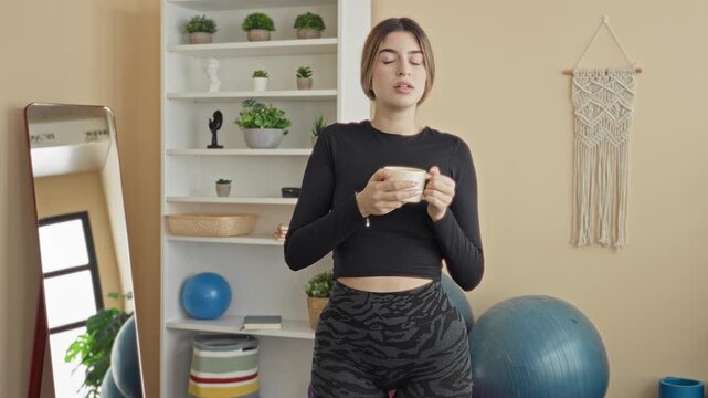 Woman cupping coffee mug with both hands while standing in a yoga studio near a large exercise ball, mirror and plant shelf wearing black crop top and patterned leggings; serenity.