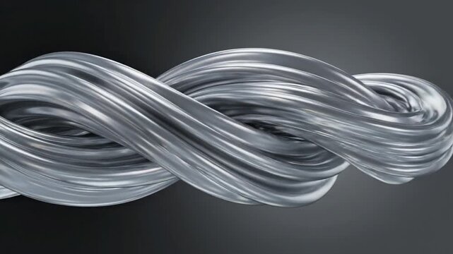 Abstract 3D render of reflective silver metallic curved swirls bundled into a knot-like structure on the side, set against a smooth black and charcoal gray gradient background.