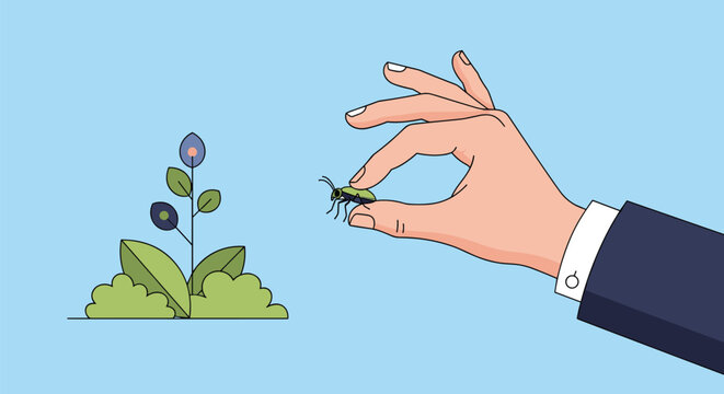 Hand in a business suit sleeve carefully picking a small green bug from a plant against a clear blue background for pest control service.