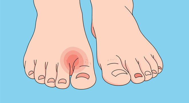 Illustration of human feet with a noticeable red swelling and pain area on the big toe joint likely indicating gout or an injury.