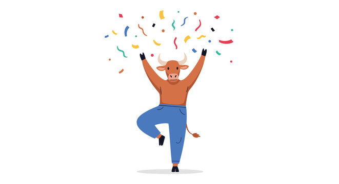 Fun illustration of a brown bull character wearing blue pants dancing with its arms raised under colorful falling confetti and streamers.