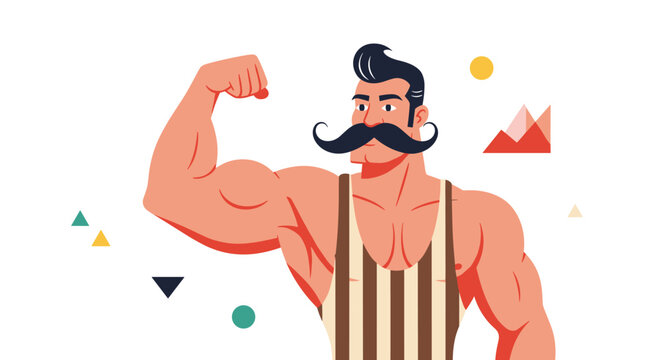 Vintage style illustration of a muscular strongman with a large mustache flexing his bicep surrounded by geometric shapes and mountains.