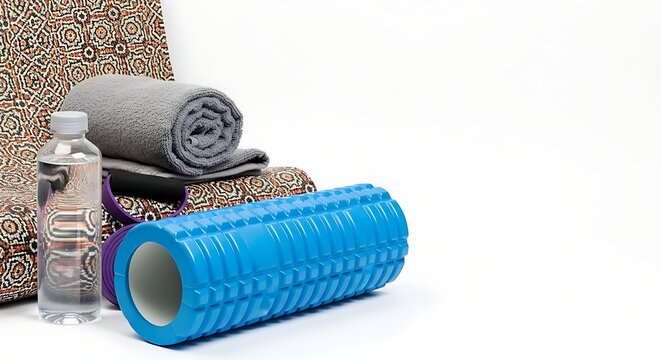 Fitness accessories flat lay on yoga mat