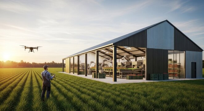 A man operating a drone in front of a large barn with industrial machinery inside, with a sunset in the background.