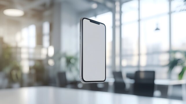 Versatile UI mockup:Upright mobile phone template hovering in bright indoor space