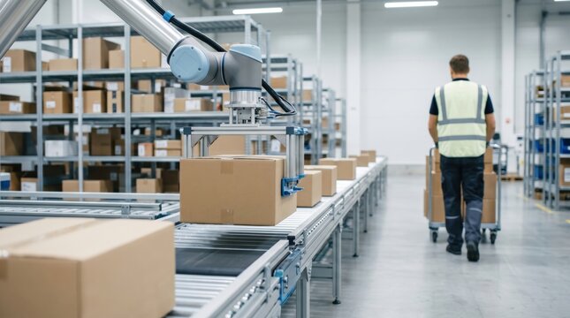 Automated robotic arm sorting packages on conveyor belt in logistics center, warehouse worker pushing cart in background for efficient order fulfillment and modern supply chain