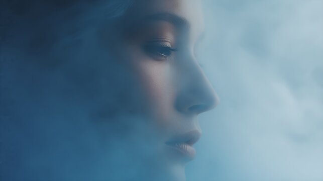 Close-up of a person's face partially obscured by atmospheric blue haze