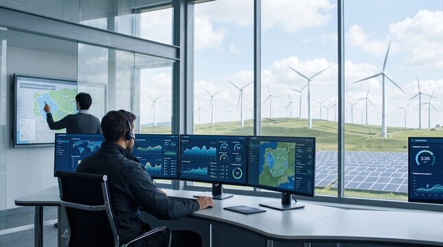 Energy control room operators monitoring hybrid renewable project with wind turbines and solar panels visible through window, real-time data dashboards showing grid stability and