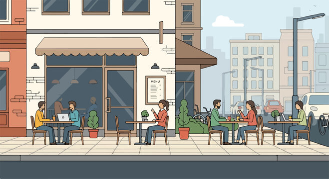 A vibrant outdoor cafe scene on a city street