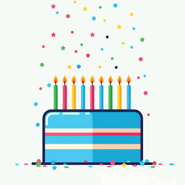 A blue birthday cake with lit candles and colorful confetti