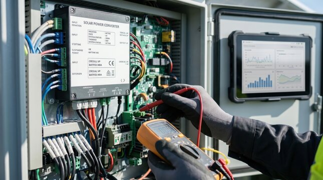 Electrician testing solar power converter with multimeter, green energy maintenance and photovoltaic system inspection concept.