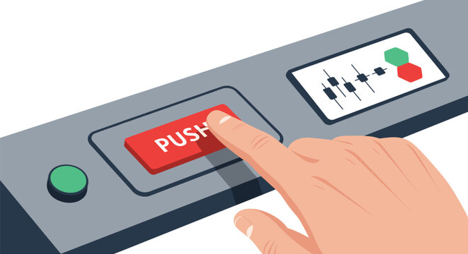 Close up view of a human hand pressing a red push button on an industrial control panel with digital display screen.