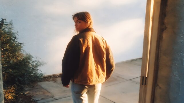 Person in a jacket stands by an open door