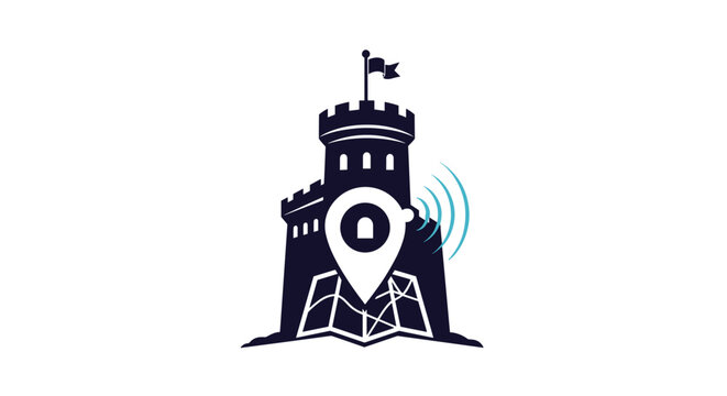Unique logo design of a dark blue castle tower integrated with a white map pin and signal waves for historical tourism.