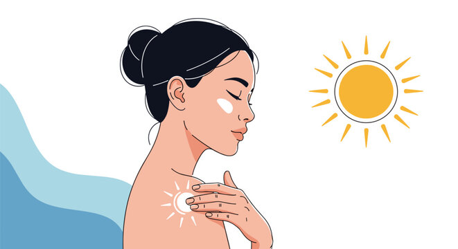 Side profile of a young woman with her hair in a bun applying sunscreen to her shoulder under a bright yellow sun.