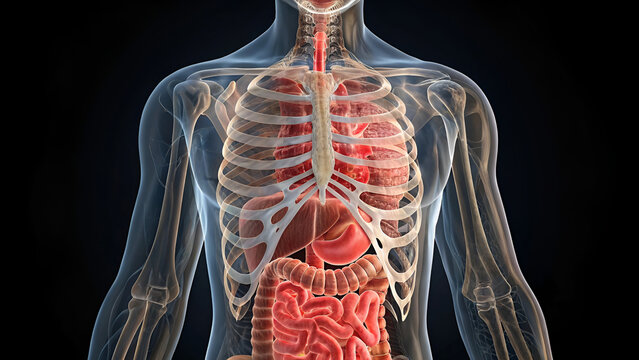 3D anatomy illustration of the human torso showing internal organs