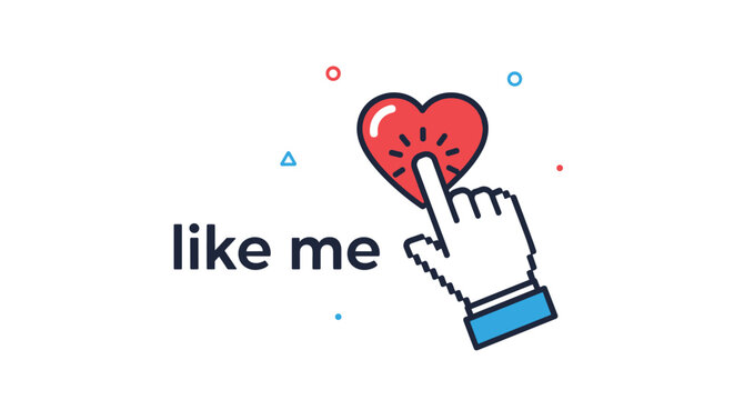 Social media interaction icon featuring a pixelated hand cursor clicking a red heart with the text like me.