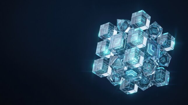 Cutting-edge Technology Background: Abstract Visualization of Data, AI, and Blockchain in a Distributed Computing Network with Glowing Cubes.