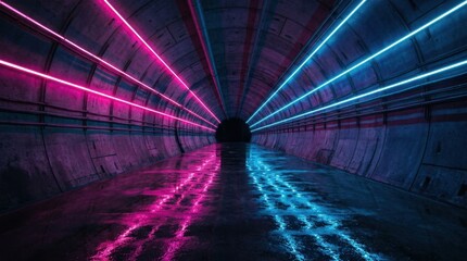 Fototapeta premium Dynamic neon light tunnel with vibrant pink and blue glowing lines reflecting on wet concrete, creating a futuristic, energetic, and cyberpunk abstract background.