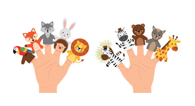Diverse set of animal hand puppets including a fox wolf rabbit lion bear and giraffe on human fingers for child play.