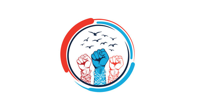 Symbolic circular logo with three raised fists breaking free from wires with birds flying above representing freedom and hope.