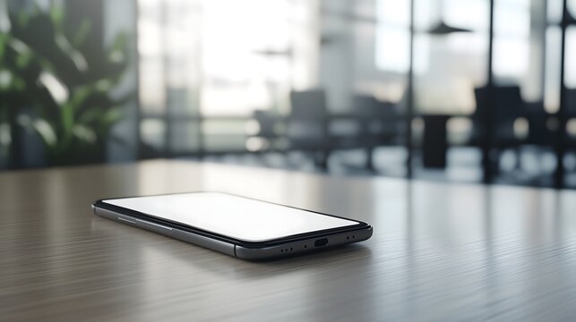 Versatile UI mockup: Smartphone with blank screen resting flat on table with blurred background