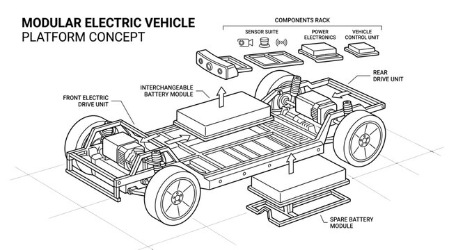 Detailed engineering illustration of a modular electric vehicle platform design showing integrated interchangeable components concept