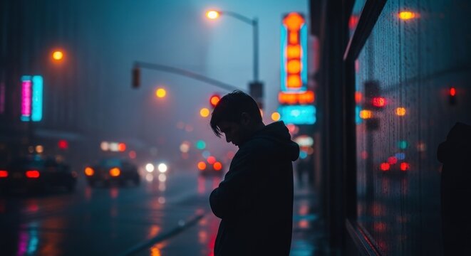 A man standing in front of a window with neon signs, illuminated by streetlights and traffic lights, in a dimly lit, foggy city street at night.