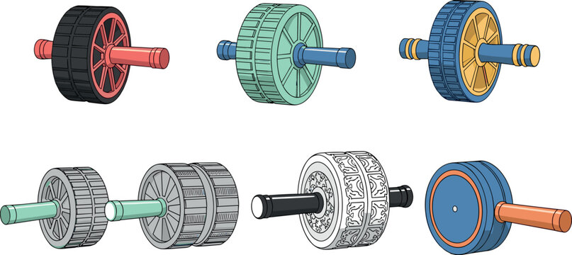 Ab wheel roller collection for core workout training fitness exercise equipment with different designs colorful vector illustration set