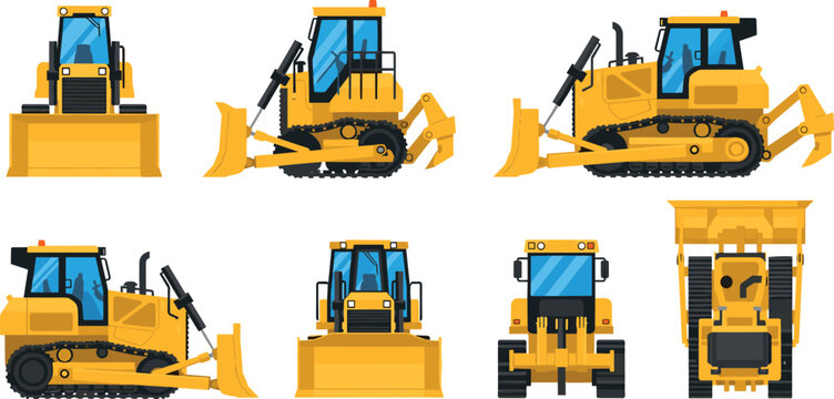 Bulldozer vector set featuring heavy construction machinery in multiple views isolated on light background for industrial and building design