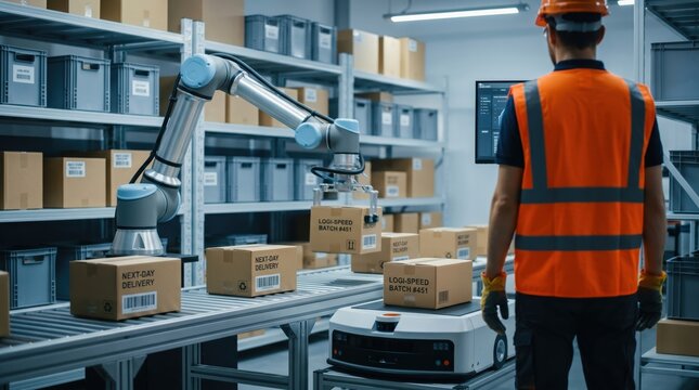 Automated warehouse with robotic arm sorting packages on conveyor belt, worker supervising logistics operations, next-day delivery boxes labeled for efficient supply chain