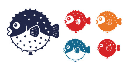 Set of colorful pufferfish illustrations, cartoon style, isolated on white background © fatria