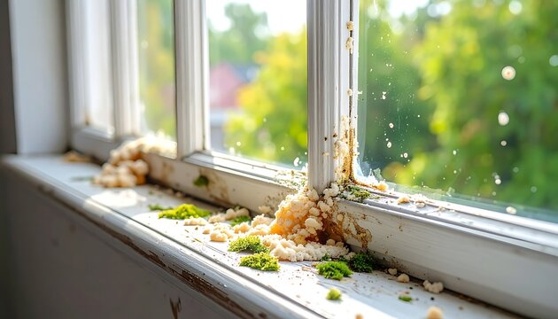 Rotten window frame with mold and decay, viewed inside, with greenery visible through the glass