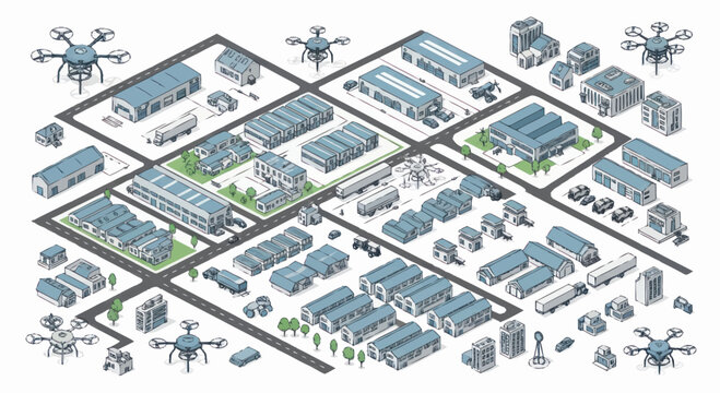 Drones flying over industrial complex.
