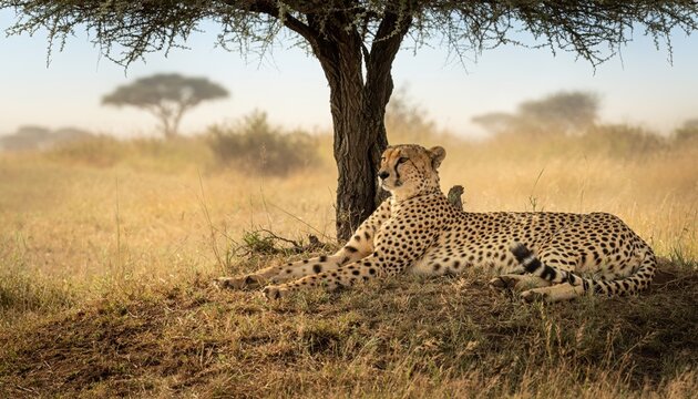 Majestic cheetah mother and cub resting under a tree in the African savanna, embodying wild beauty and watchful protection.