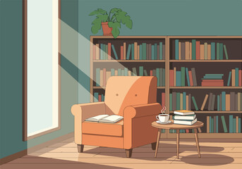A cozy reading nook with a chair, table, and bookshelves © Yadaza