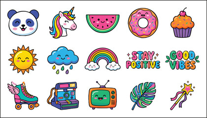 Obraz premium Trendy retro kawaii stickers with unicorn, rainbow, and positive text vector illustrations.