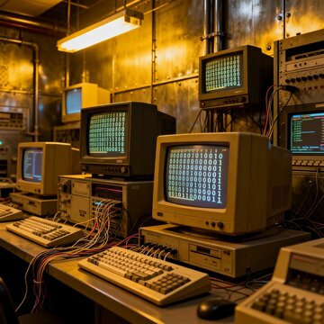 Vintage Computer Monitors Displaying Binary Code in Dark Room