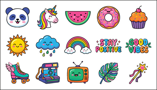 Trendy retro kawaii stickers with unicorn, rainbow, and positive text vector illustrations.