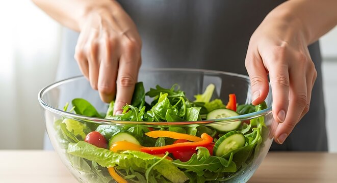 Woman's hands mixing a fresh healthy vegetable salad in a glass bowl