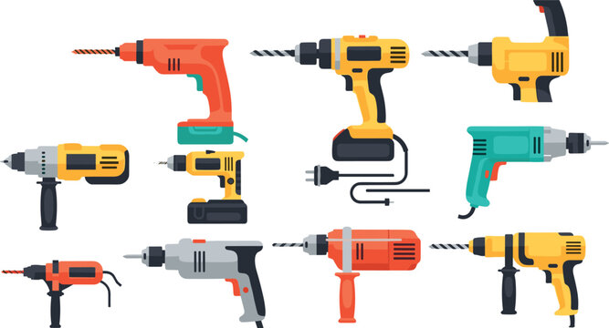 Electric drill vector set featuring cordless and corded power tools with different styles isolated on light background for construction and repair design