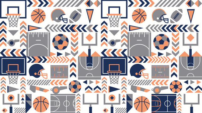 Vibrant basketball themed seamless pattern with hoops, balls, and geometric abstract elements.