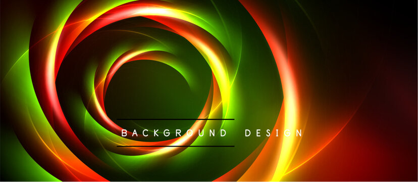 Abstract swirling lights create vibrant circular design. Red, green, yellow hues dominate dark background. Modern visual element.