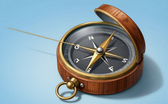 Wooden compass with golden needle pointing north on blue background.