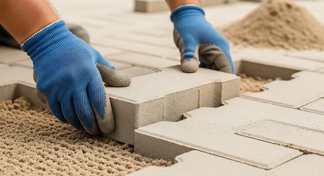 Worker installing interlocking concrete paving stones on sand bed