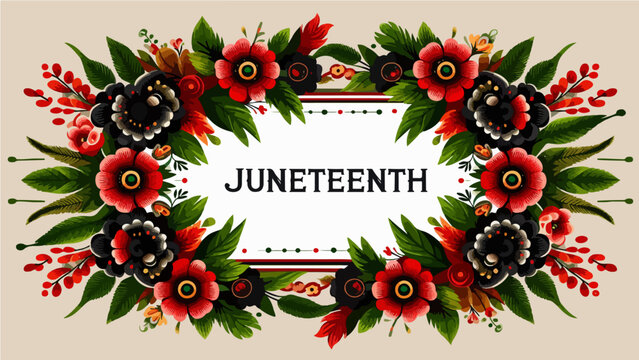 Juneteenth Celebration Floral Frame with Red, Black, and Green Flowers on Beige Background