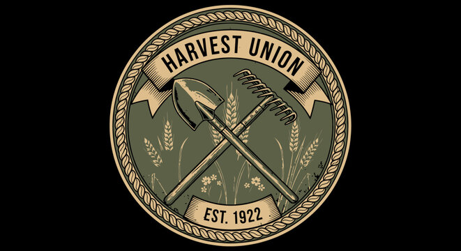 Retro agricultural harvest union emblem with farming tools and wheat stalks, vintage worker cooperative badge design