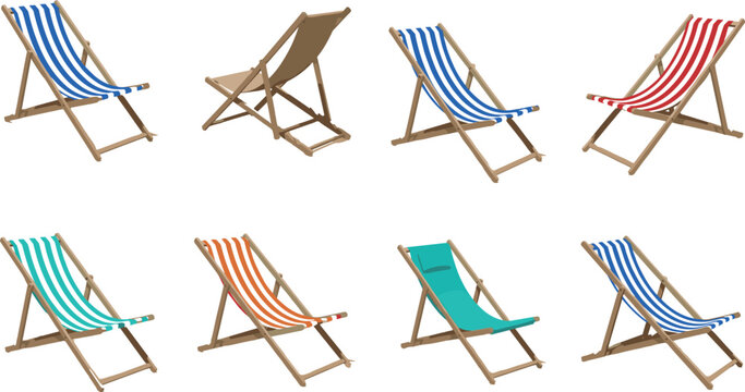 Foldable beach chair vector set featuring striped and plain deck chairs in various colors isolated on light background for summer design