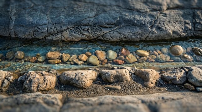 Close-up of layered rock strata with pebbles and water
